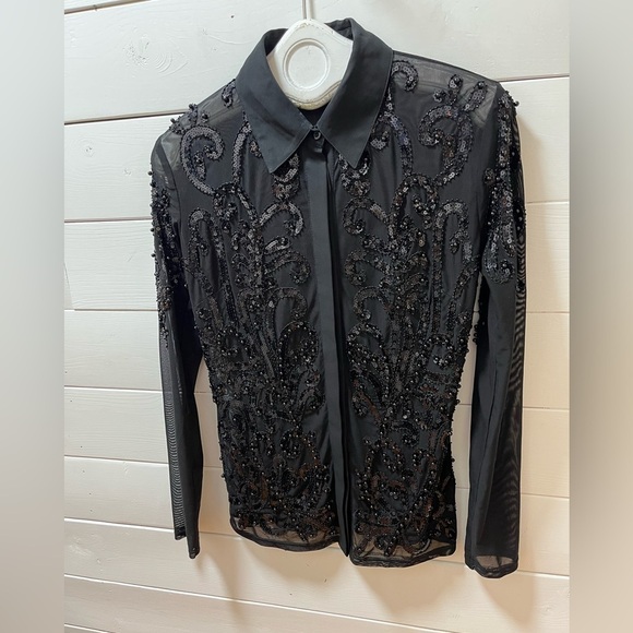 FRANK Lyman Design Collection Beaded Mesh Black Blouse - Size S - Picture 7 of 11